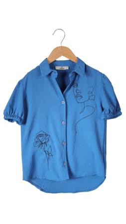 Cemix Gül Nakışlı Kısa Kol Kız Çocuk Gömlek Mavi